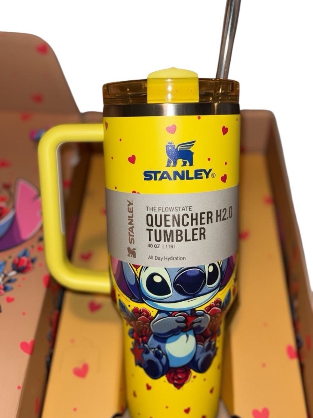 Stanley 40oz Quencher H2.0 Yellow Stitch Hearts Tumbler NWT Straw Cup